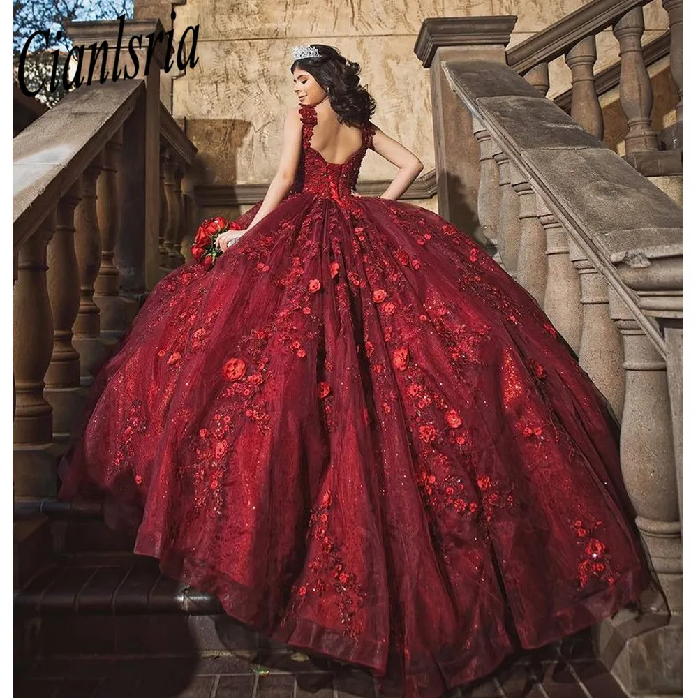 

Red Beaded Ball Gown Quinceanera Dresses 3D Appliques Sweet 16 Dress Pageant Gowns vestido de 15 anos años quinceañera