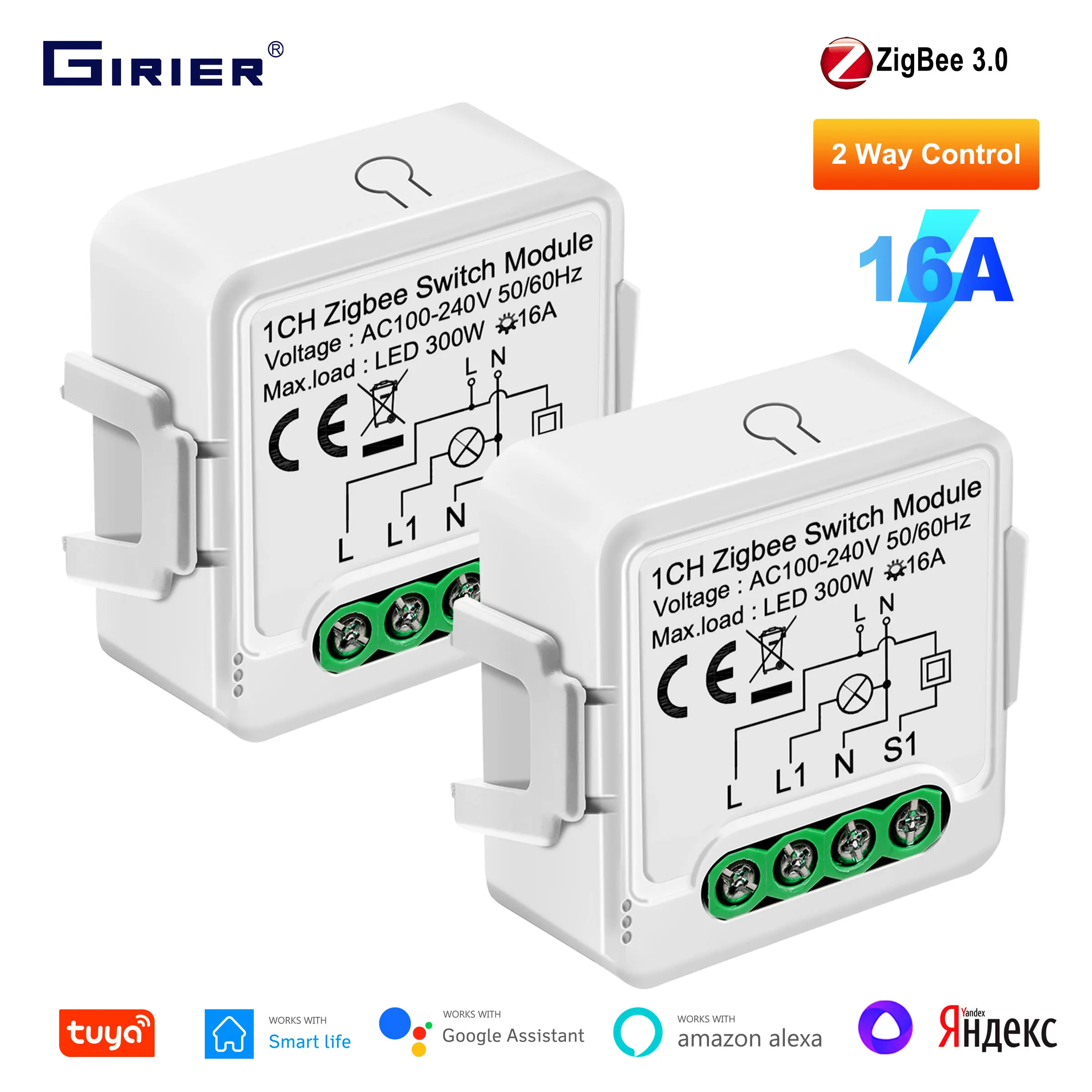 

GIRIER Tuya ZigBee Switch Module 16A Smart Home Universal Breaker Supports 2 Way Control Work with Yandex Alice Alexa Hey Google