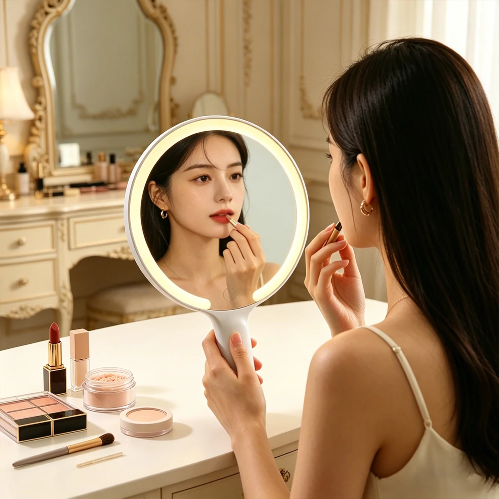 Hand-Held Carry Makeup Mirror LED Smart 3 Colors Adjust Bright with Touch Screen Cosmetic Tabletop Vanty Mirror Travel Home Use