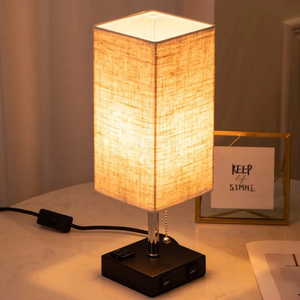 

Table Lamp Bedside Desk Lamp Dual USB Ports 3-Prong Outlet Cloth Lampshade Bedroom Living Room Lighting