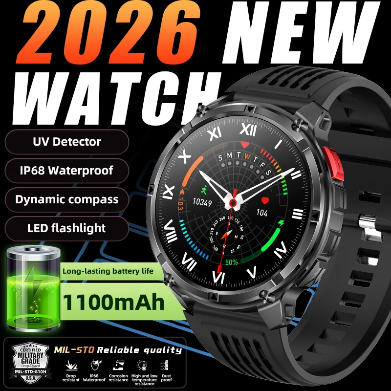 

LIGE Smart Watch 2026 New 1100mAh Military IP68 Waterproof Compass LED Flashlight Outdoor Men's Smartwatch For Gift Android iOS