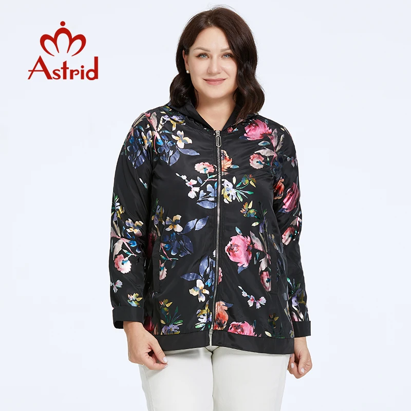 Astrid Women\'s Jacket Thin Windproof Coat Oversized Fashion Flower Print Trends Female Windbreaker with Zipper Hooded Streetwear