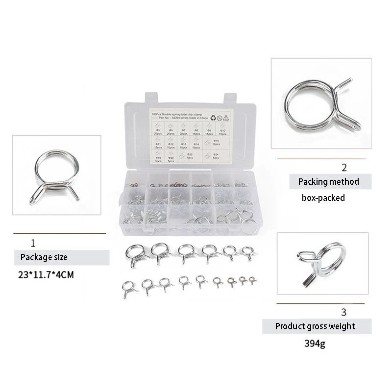 180Pcs Double Wire Clamp Hoop Hand Grip Spring Clamp Car Motorcycle Tubing Pipe Clamp Hose Clamp Car Set 5-24