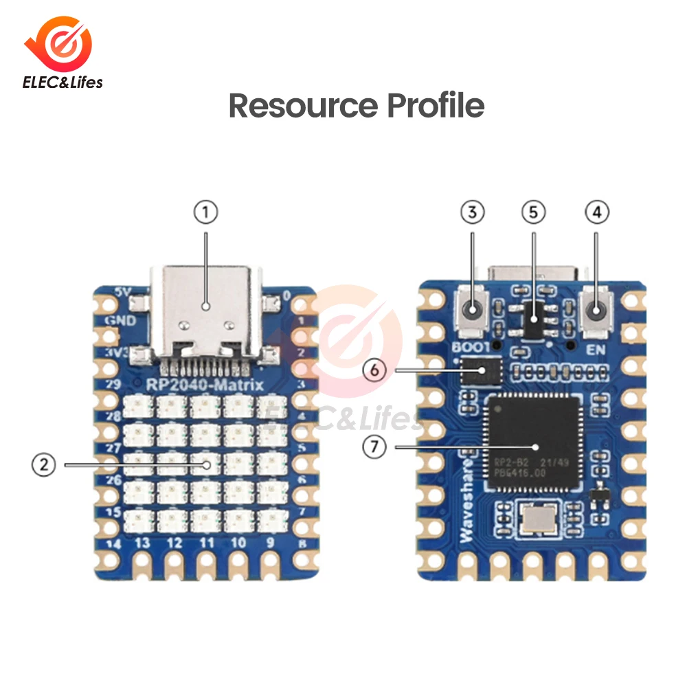 للوحة تطوير Raspberry Pi RP2040-Matrix 5 × 5 RP2040 RGB LED Matrix استنادًا على معالج RP2040 ثنائي النواة