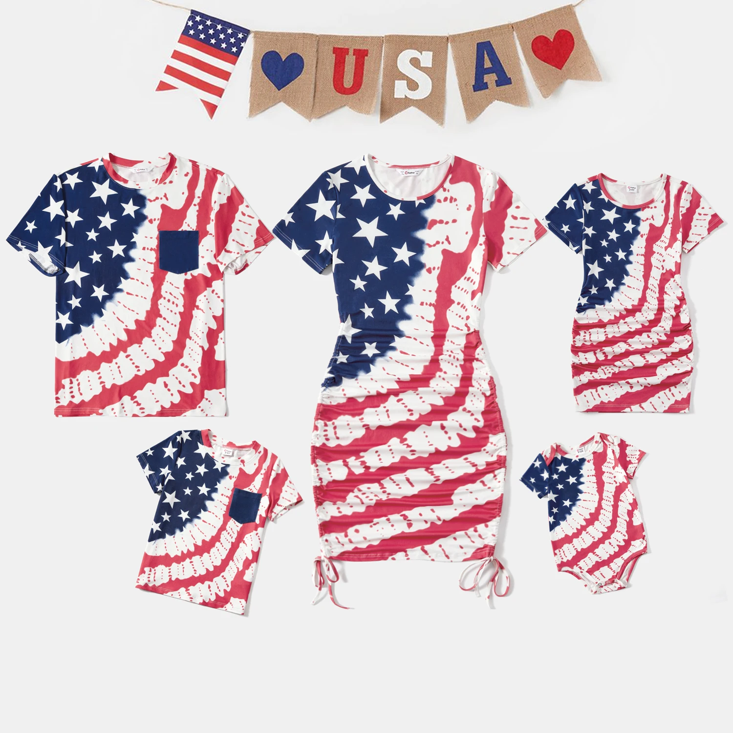 PatPat Independence Day Family Matching Allover Print Short-sleeve Drawstring Ruched Bodycon Dresses and T-shirts Sets