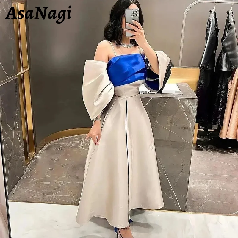 

AsaNagi Satin A Line Prom Gowns Women's Spaghetti Strap Pleated Party Evening Gown Ankle Length Saudi Special Occasion Dress