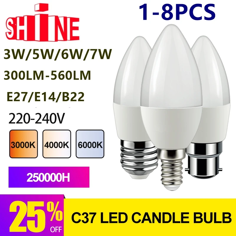 

LED Candle Bulb C37 3W 5W 6W 7W 3000K 4000K 6000K E14 B22 220V-240V 6000K For Home Decoration Led Lamp Home Decoration