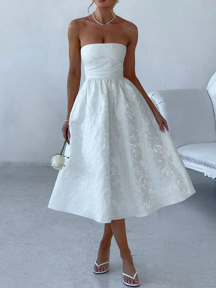 Elegante backless a-lijn satijnen lange jurk witte jacquard taille wrap mini-jurken vrouwen off-shoulder sexy feestavond vestidos