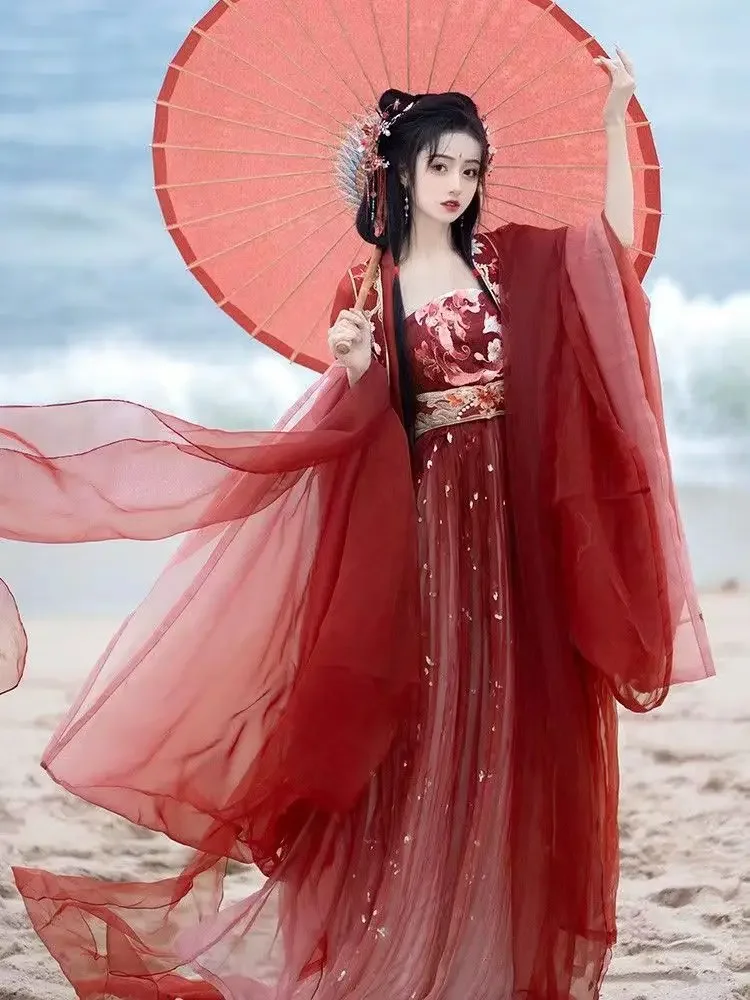 

Retro Hanfu Tang Dynasty Embroidered Large Sleeve Shirt Hezi Skirt Spring And Autumn Red Set