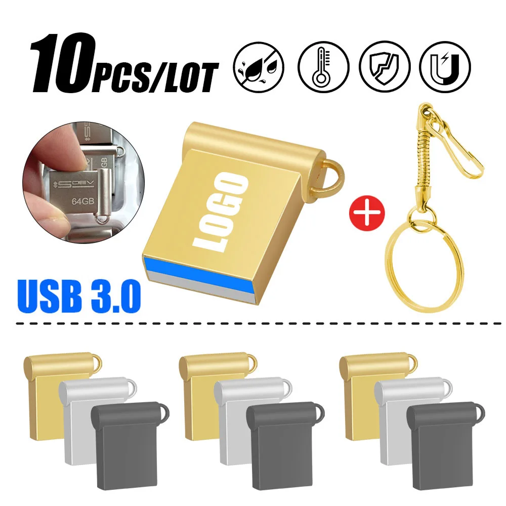 10pcs/lot 3.0 USB Flash Drive 64GB Pendrive flash disk 128G  Memory Stick16GB8GB Free Logo Gift Mini U Disk Key Waterproof Metal