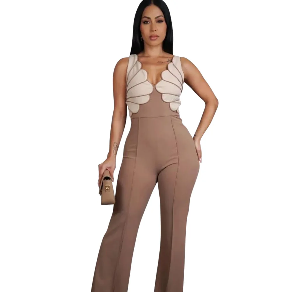 セクシーなラドゥ V ネックノースリーブスリムジャンプスーツファッショナブルな 3D スタイル女性カジュアルパーティーズボンロンパース実像