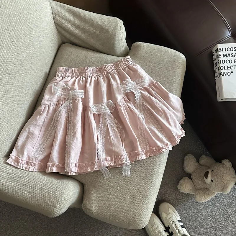 

Y2k Lace Bow Patchwork Pink Skirt for Women Korean Summer A-line Skirt for Women 2025 New High Waist Faldas Sexy Mujer