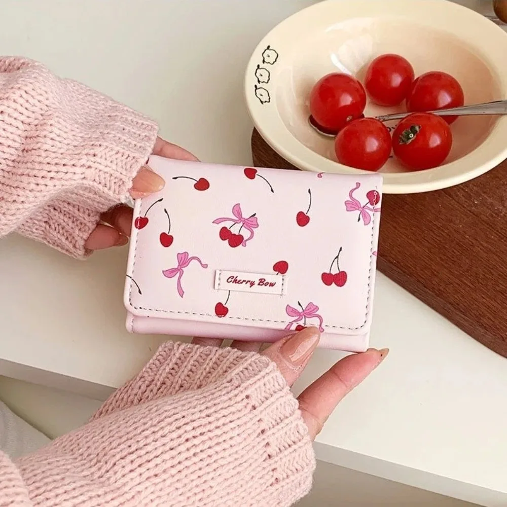 New Cherry Bow Printing Bow Printing Coin Purse Tri-fold Multi-Slot Short Wallet PU Leather Coin Pouch Women