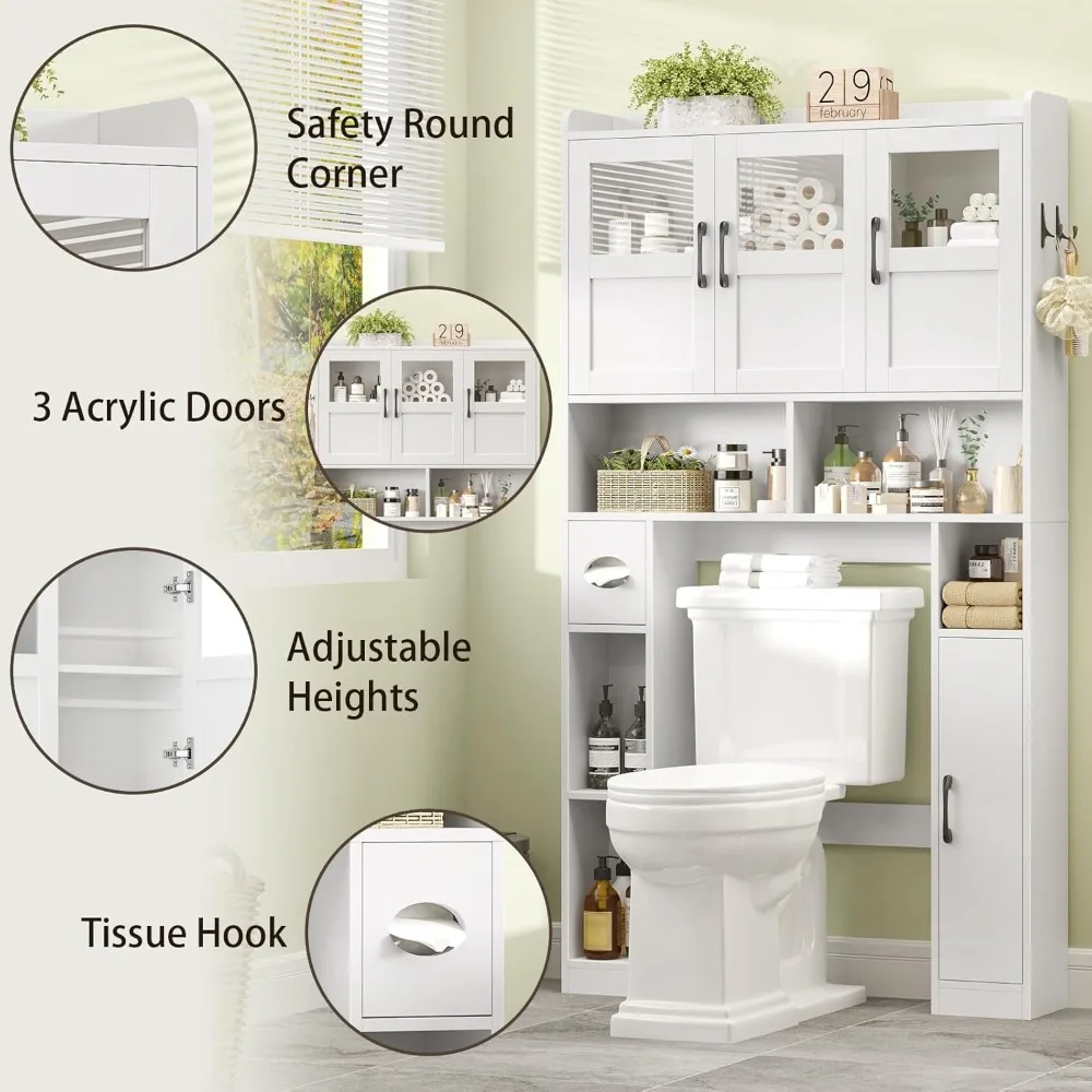 Over The Toilet Cabinet, Farmhouse Toilet Cabinet Rack with 3 Acrylic Doors and Adjustable Storage Shelf,