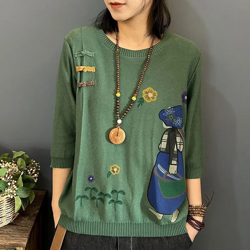 Artistic Retro Mid Sleeve Casual Knitted Sweater for Women in Spring and Autumn Style Ethnic Style Oversized Loose Base Shirt