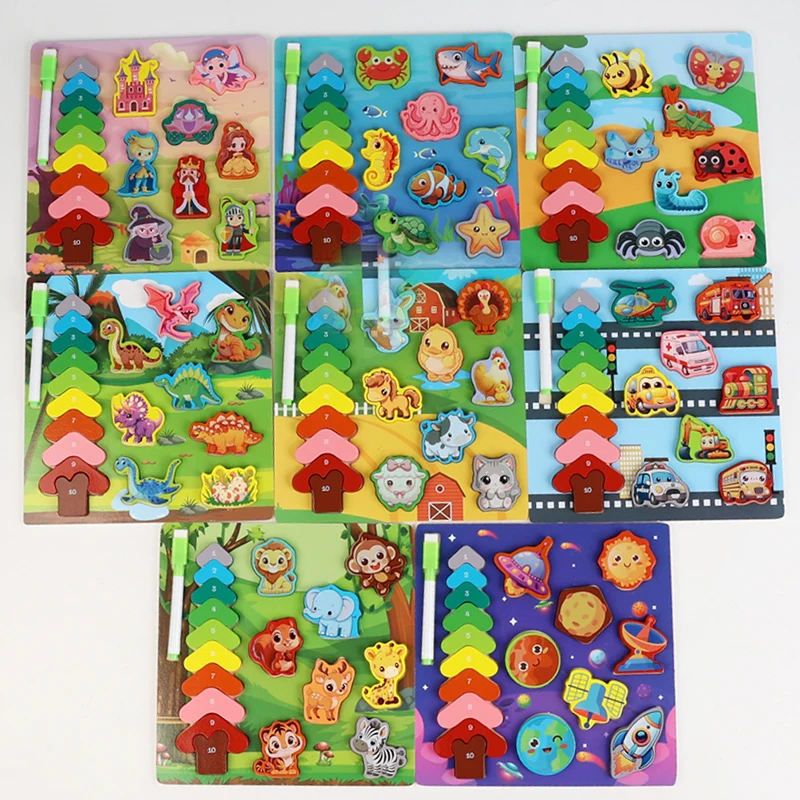 Wooden Toddler Shape&Animals Matching Puzzles Montessori Double-sided Drawing Board Toy, Educational Toys Gifts for Kids Age 3-5