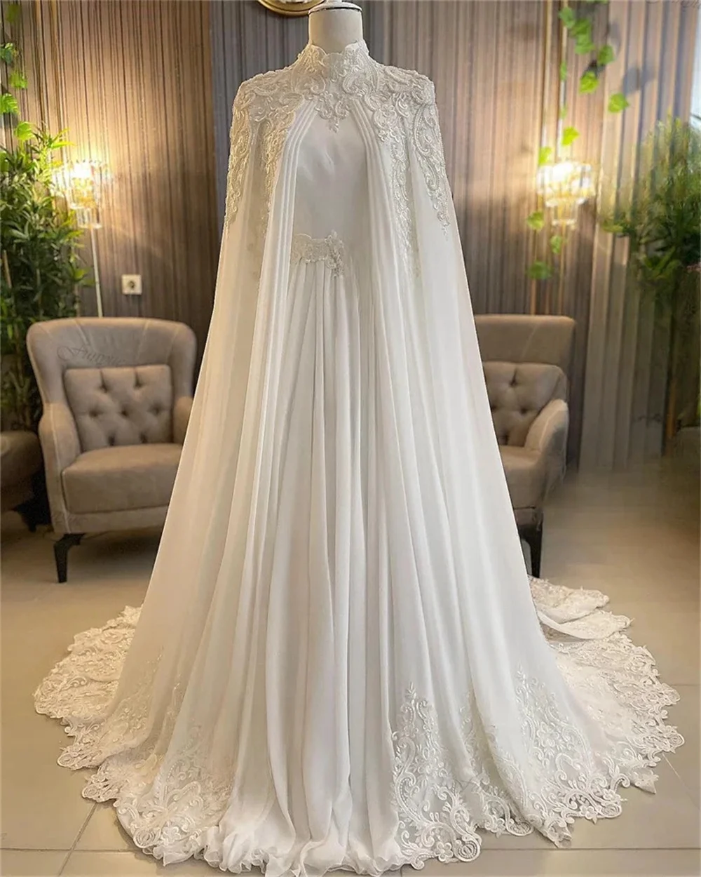 Bella Luxury White Long Sleeve Wedding Dress Chiffon A-line Customized vestidos de fiesta Pearl Detachable Shawl فساتين سهرة