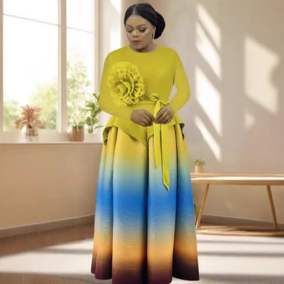 ミヤケプリーツツーピースセット グラデーションフルスリーブ エレガントトップス + フォールドAラインスカート レディース 2025新作 高級パーティードレス