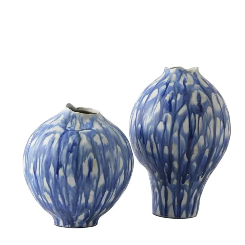 

Blue Handmade Ceramic Vase Art Homestay Model Room Pottery Pot Flower Ware Chinese Dining Table Soft Ornament
