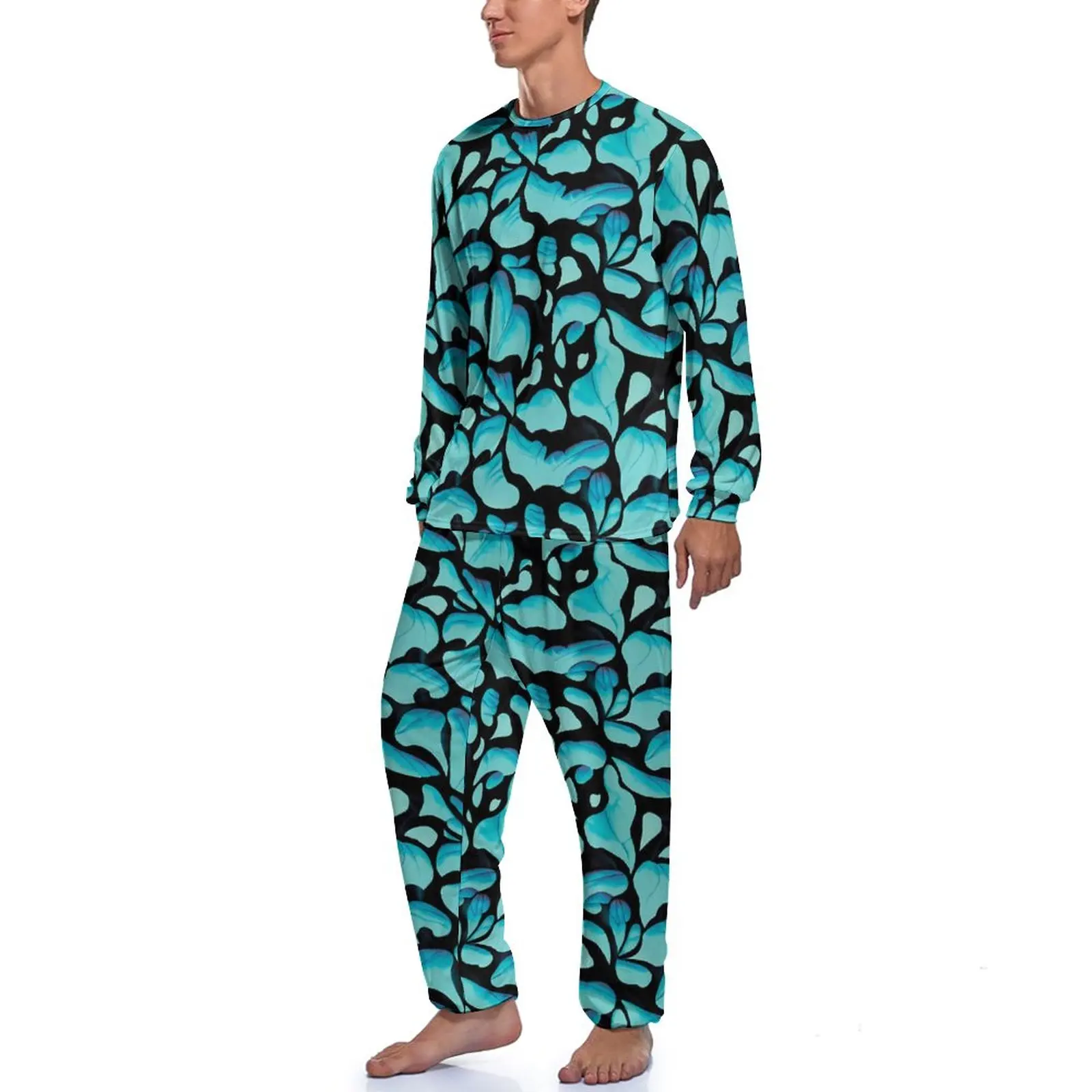 Blue Leaf Print Pajamas Long Sleeves Abstract Leaves Two Piece Home Pajamas Set Winter Male Design Elegant Nightwear