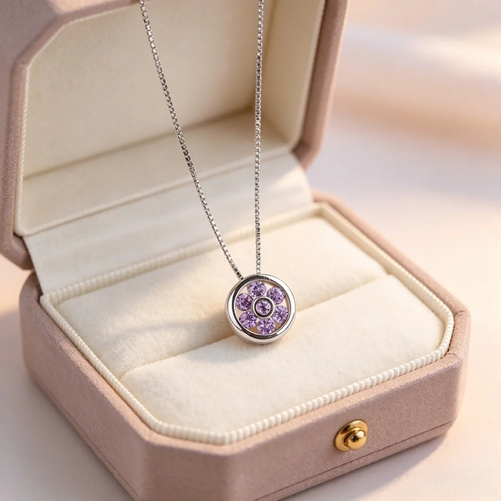 925 Sterling Silver Zircon Pendant Necklace for Women, Sparkling Purple/White CZ Crystal Round Necklaces, Fashion Jewelry Gift