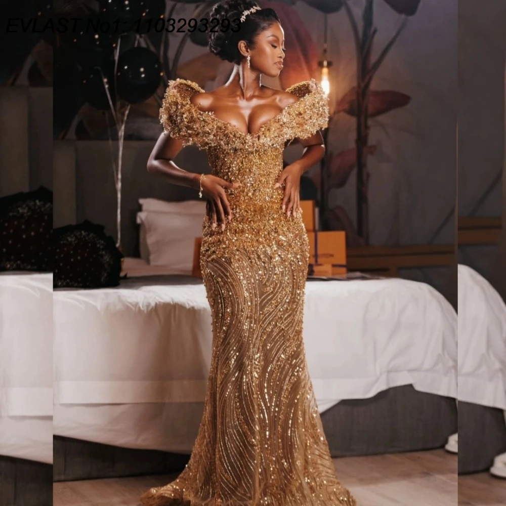 EVLAST Customized Gold Diamond Prom Dress Women 2026 Mermaid Rhinestones Beaded Shiny Party Evening Gown Vestido De Festa FP82