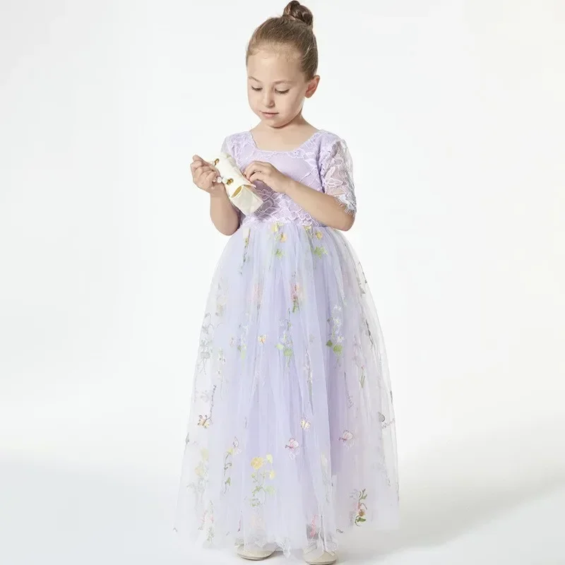 Princesa vestido com rendas e bordados de flores para menina, vestido longo com meia manga, festa de casamento, aniversário, 1 a 12 anos