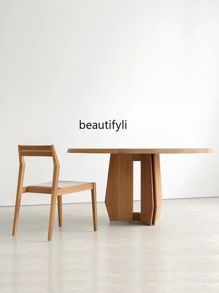 

Medieval style solid wood household small apartment ash wood dining table wabi sandy wind minimalist round dining table