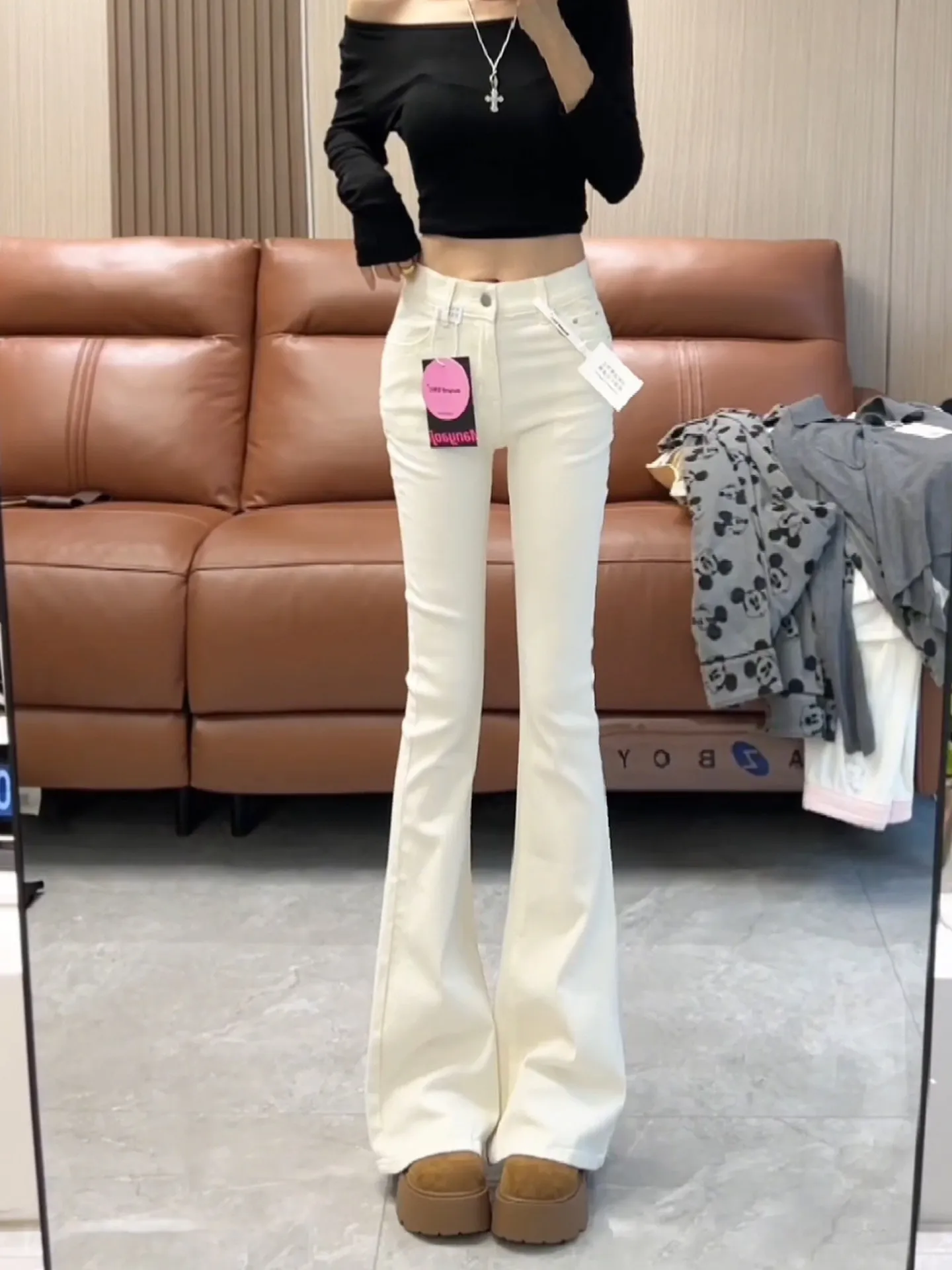

High Waist Fleece Lined Women's Skinny Jeans White Bell Bottoms Stretchy Comfortable Bootcut Trousers Retro Style Denim Pants