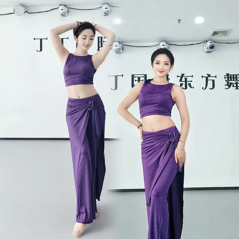 Roupa de prática de dança do ventre swegal personalizada, roxo profundo, colete com padrão escuro, saia enrolada, calças compridas, 3 peças