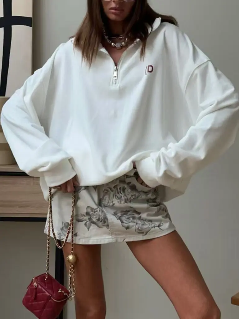 พิมพ์หลวมและอเนกประสงค์สาวร้อนขี้เกียจยุโรปและสไตล์อเมริกันฤดูใบไม้ร่วงและฤดูหนาวLapelครึ่งซิปอินเทรนด์Hoodie Harajuku