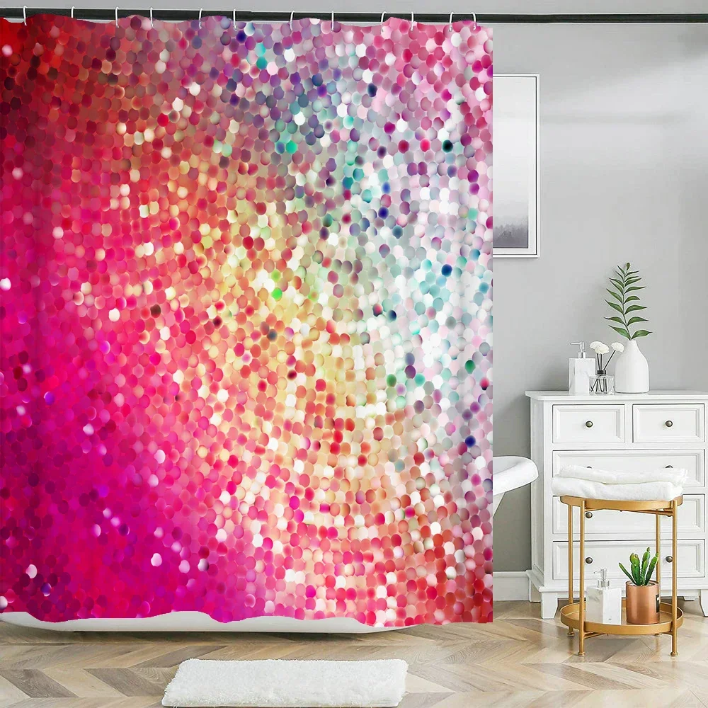 Colorful Rainbow Stripes Printed Shower Curtain Sparkling Diamond  Bathroom Curtain With Hook Waterproof Polyester Bath Screen