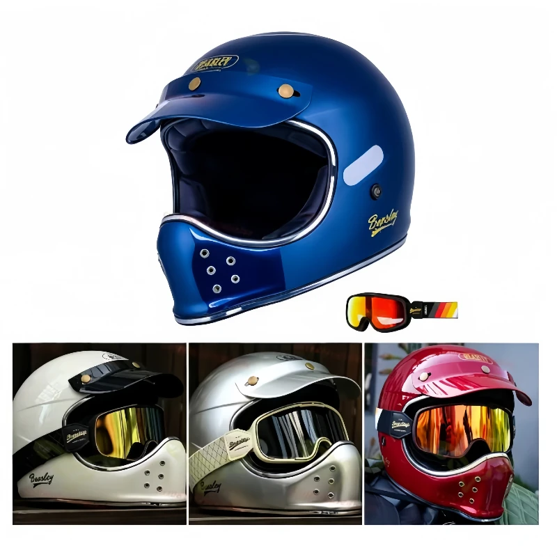 BEASLEY Retro Fiberglass Full‑Face Motorcycle Helmet, Vintage Breathable Shell for Cruising Cross‑Country Riding