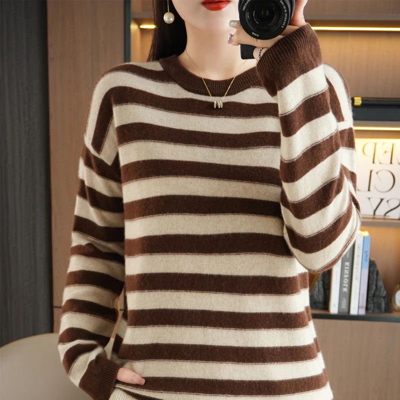 Cashmere sweater women 2024 autumn and winter new cashmere sweater women O-Neck pullover fashion Striped long sleeve pullover