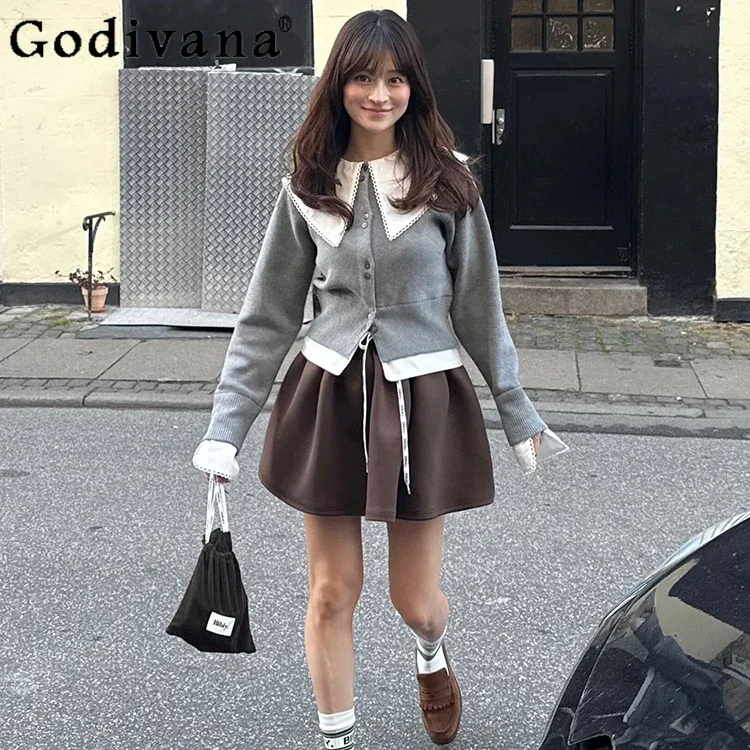 

Japanese Sweet Shorts Knit Cardigan Women's Slim Fit Big Lapel Fake Two-Piece Sweet Casual Knit Jacket Lady Sweater Spring 2026