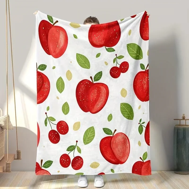 Fresh Fruit Apple Cherry Throw Blanket Watercolor Print Soft Cozy Blanket For Sofa Bed Couch All‑Season Daily Use