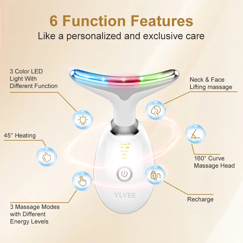 VLVEE EMS Neck Face Beauty Device 3 Colors Light Heat Vibration Massage Lift and Tighten The Face Reduce Cheek Wrinkles SkinCare