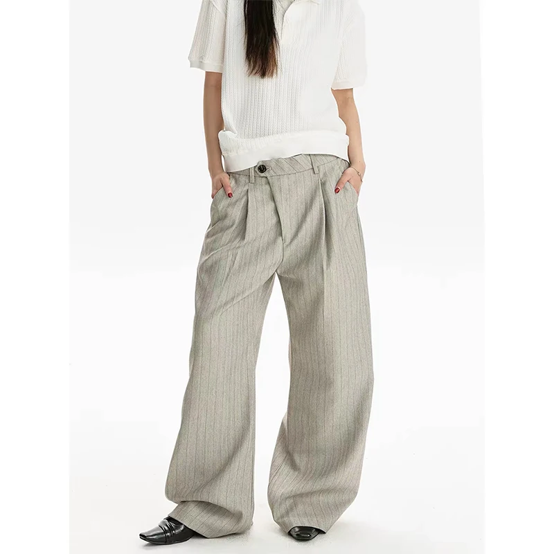 Autumn Winter  Women's Retro Gradient Casual Striped Baggy Pantalones High Street Pleated Straight Wide Leg Trousers Punk Y2K Sw