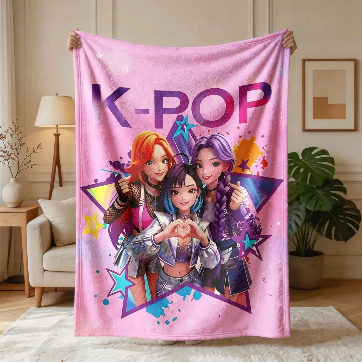 A K-Pop Flannel Blanket Featuring A Classic Anime Style—ideal for Travel, Camping, and Family Vacations, and A Perfect Gift.