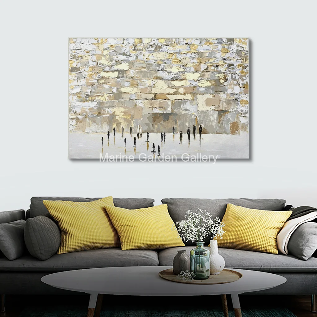 Minimalist Abstract Jewish Art Handmade Gold Leaf Western Wall Oil Painting Kotel Prayer Judaica Canvas for Living Room Decor