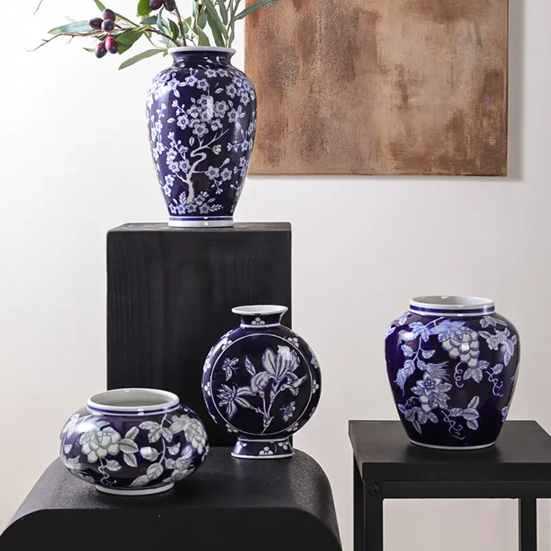 New Chinese Style Blue White Ceramic Vase Retro Porcelain Flower Arrangement Hydroponic Decor for Living Room Wholesale
