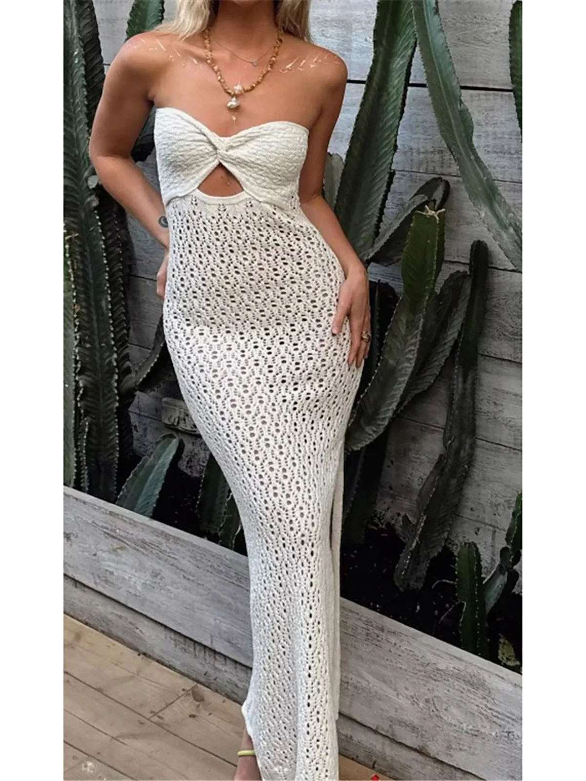 2024 Sexy Bandeau Hollow Out Crochet Knitted Tunic Beach Cover Up Cover-ups Beach Dress Beach Wear Beachwear Female Women K5321