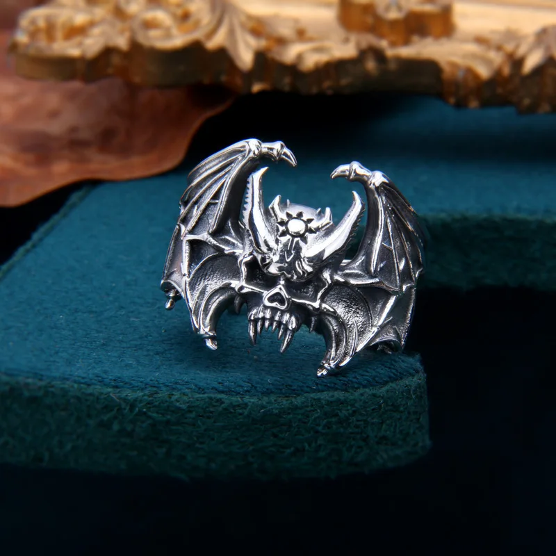 Buyee 925 Sterling Silver Male Big Ring Finger Cute Bat Animal Open Ring for Men Fashion Rock Punk Fine Jewelry Circle