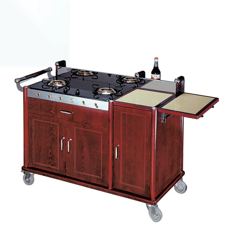 Deluxe Wooden Gas Stove 4 Wheels 3 Drawers Food Service Cart Flambe Cart OEM ODM Service Stainless Steel Modern Hotel Cart