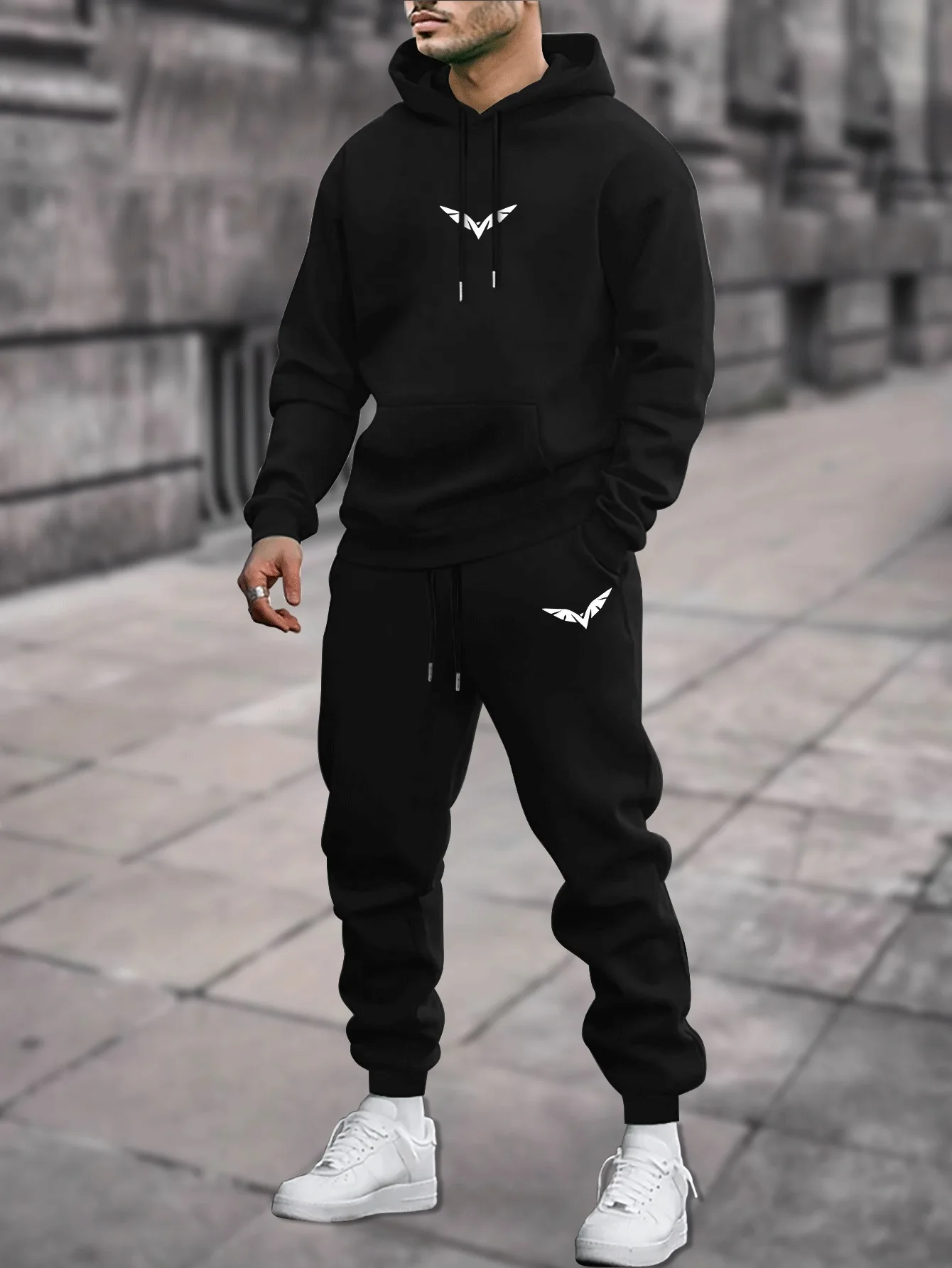 Urban Cool Men's Casual Sports Set - Fashion Geometric Print Hoodie and Sports Pants, Loose Fit, Stretch Material