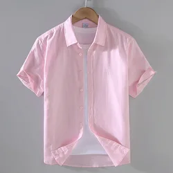 2024 Men's Solid Color Linen Shirt Short Sleeve Summer Breathable Thin Linen Casual Shirt