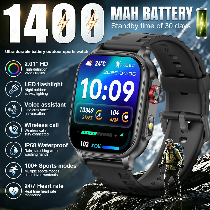 LIGE 1400mAh Big Battery Military New Smart Watch Men Outdoor Flashlight IP68 Waterproof Bluetooth Call 2.01