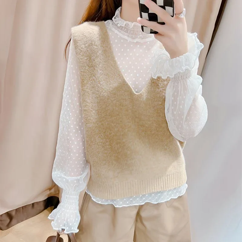 Sexy Women's Lace Layering Top Long Sleeve Sheer Mesh High Neck Undershirt Y2K Lace Floral Tops See Through Shirt Elegant Blouse