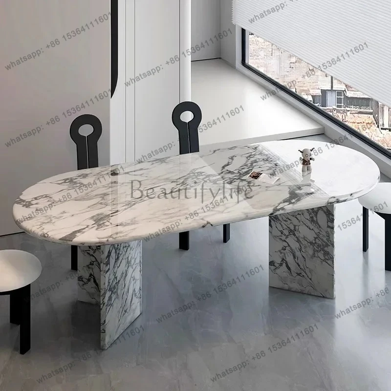 

Customized French marble dining table Light luxury Modern cream style luxury stone villa Large dining table