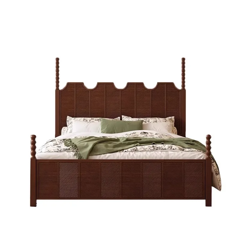 

French retro solid wood bed, modern simple double bed, light luxury medieval furniture black American bed
